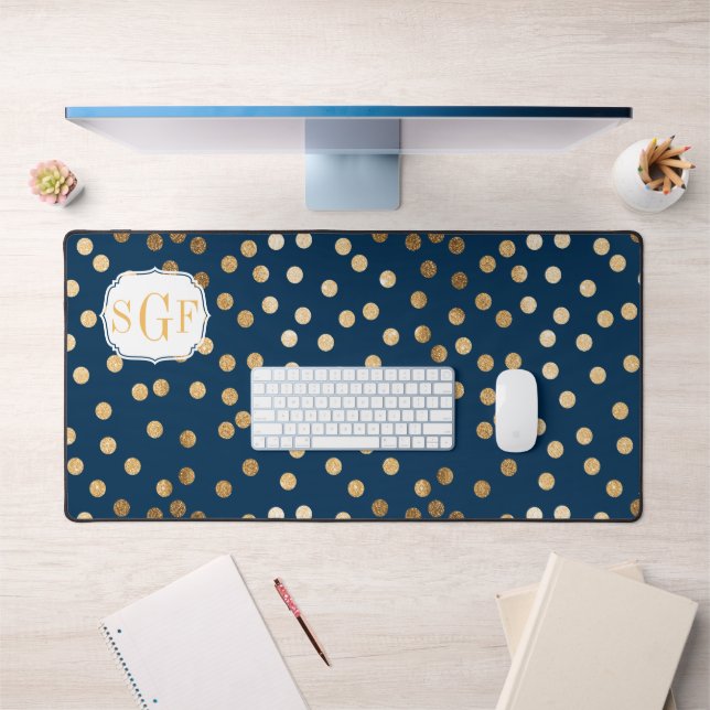 Navy Blue Gold Glitter Dot Patterned Desk Mat (Office 1)
