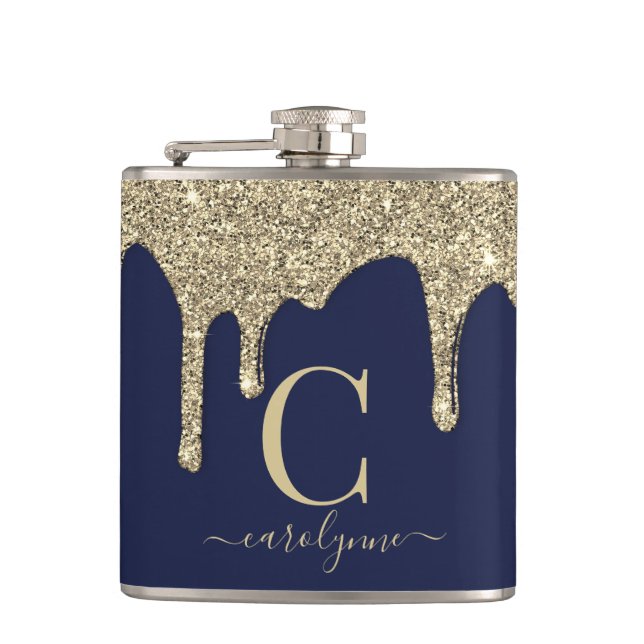 Navy Blue Gold Glitter Drips Monogram Flask (Front)