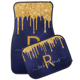 Navy blue gold glitter drips monogram glamorous car floor mat