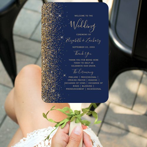 Navy Blue Gold Glitter Edge Wedding Program Hand Fan