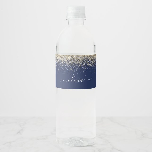 Navy Blue Gold Glitter Elegant Monogram Name Water Bottle Label (Front)