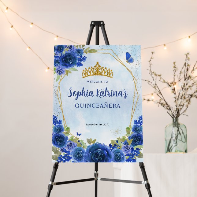 Navy Blue Gold Glitter Floral Princess Quinceañera Foam Board (In Situ (Stand))