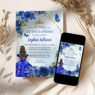 Navy Blue Gold Glitter Floral Princess Quinceañera Invitation