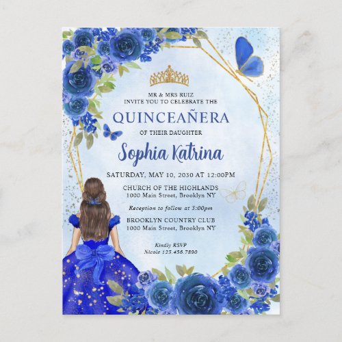 Navy Blue Gold Glitter Floral Princess Quinceaera Invitation Postcard
