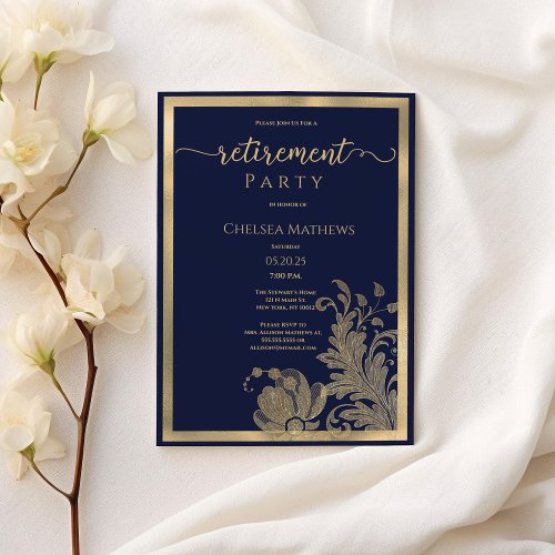 Navy blue gold glitter floral Retirement Party Invitation