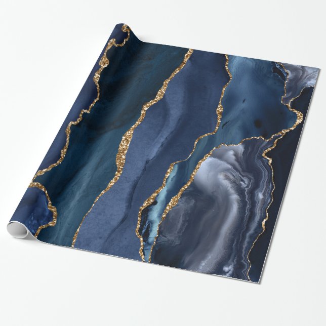 Navy Blue Gold Glitter Foil Marble Geode Agate Wrapping Paper (Unrolled)