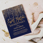 Navy Blue Gold Glitter Fringe Curtain Sweet 16 Invitation<br><div class="desc">This glamorous and luxury Sweet Sixteen birthday party invitation is the perfect design for your young teenage girl's special event. It features a faux sparkly gold glitter fringe curtain with faux glitter typography on top of a simple navy blue background. It's an elegant, chic, trendy, and modern bling design with...</div>