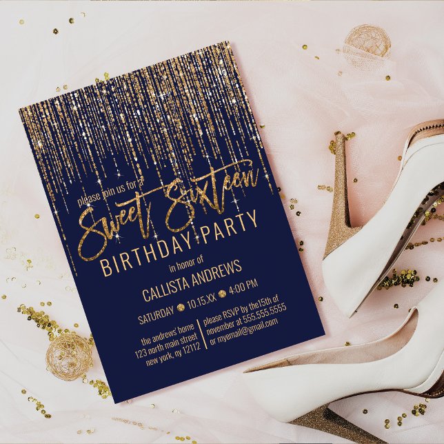 Navy Blue Gold Glitter Fringe Curtain Sweet 16 Invitation (Creator Uploaded)