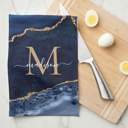 Navy Blue Gold Glitter Geode Marble Chic Monogram Kitchen Towel