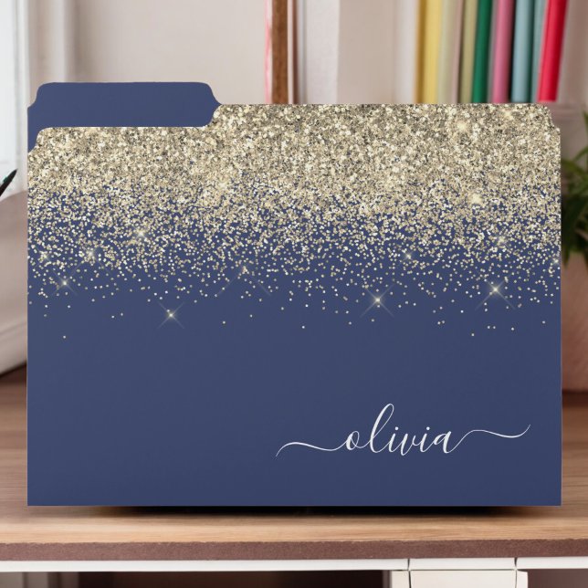 Navy Blue Gold Glitter Girly Monogram File Folder (Creator Uploaded)