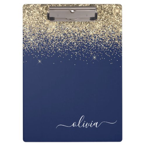 Navy Blue Gold Glitter Girly Monogram Name Clipboard