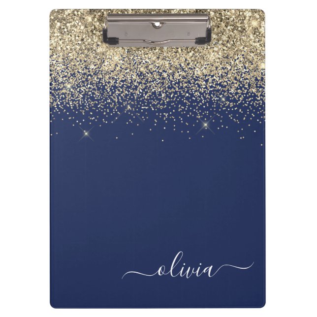 Navy Blue Gold Glitter Girly Monogram Name Clipboard (Front)