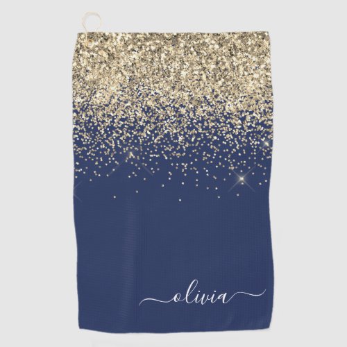 Navy Blue Gold Glitter Girly Monogram Name Golf Towel