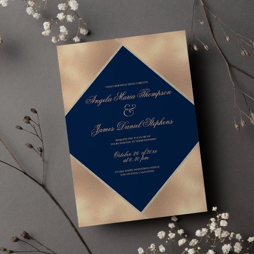  Navy blue gold glitter gradient script wedding  Invitation