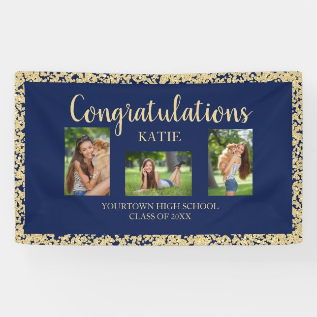 Navy Blue Gold Glitter Graduation Party Photo  Banner (Horizontal)