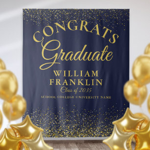 Navy Blue Gold Glitter Graduation Photo Backdrop