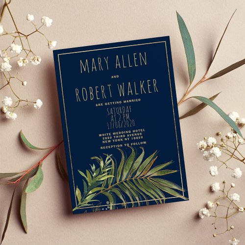 Navy blue gold glitter green palm tree wedding invitation