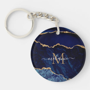 Navy Blue Gold Glitter Keychain Custom Letter Name