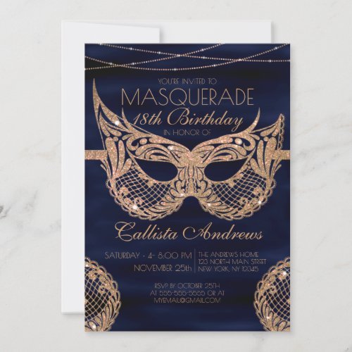 Navy Blue Gold Glitter Lace Masquerade Birthday Invitation