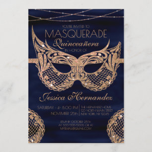 Navy Blue Gold Glitter Lace Masquerade Quinceañera Invitation