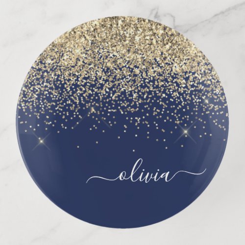 Navy Blue Gold Glitter Luxury Monogram Name Trinket Tray