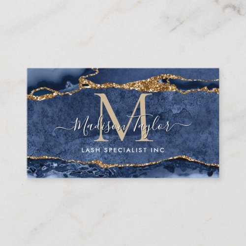 Navy Blue Gold Glitter Marble Agate Monogram Business Card