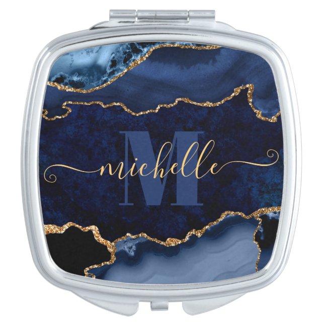  Navy Blue & Gold Glitter Marble Agate Monogram Compact Mirror (Front)