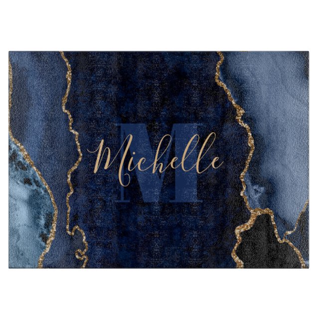 Navy Blue & Gold Glitter Marble Agate Monogram Cutting Board (Front)