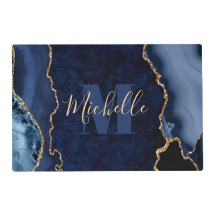 Navy Blue & Gold Glitter Marble Agate Monogram Placemat