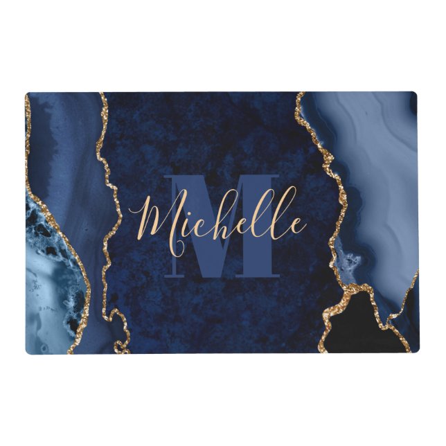 Navy Blue & Gold Glitter Marble Agate Monogram Placemat (Front)
