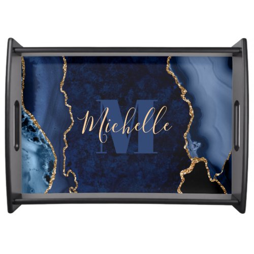 Navy Blue  Gold Glitter Marble Agate Monogram Serving Tray