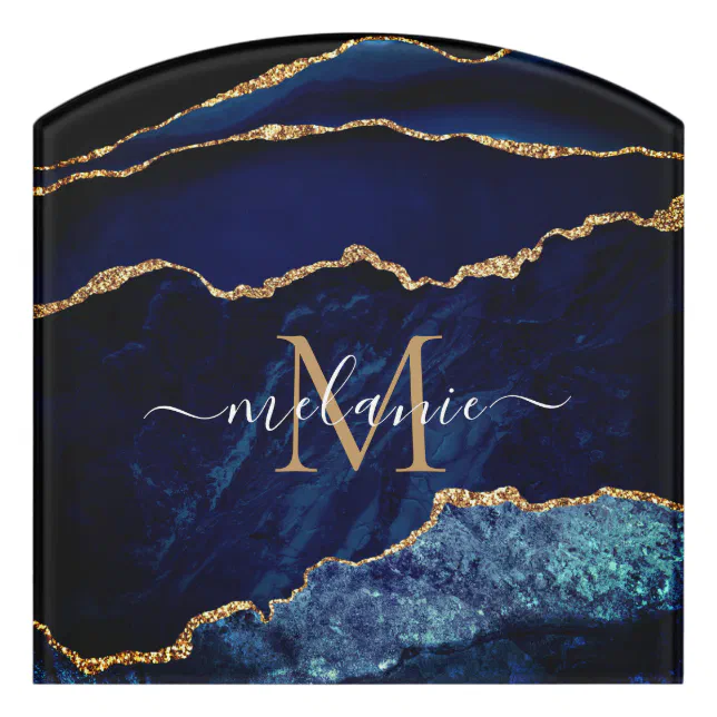 Navy Blue Gold Glitter Marble Custom Letter Name Door Sign | Zazzle
