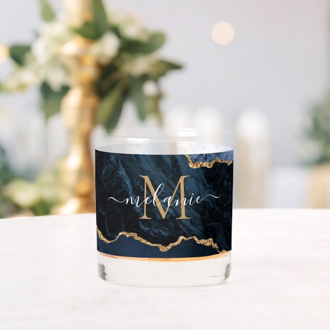 Navy Blue Gold Glitter Marble Custom Letter Name Whiskey Glass (Insitu (Wedding))