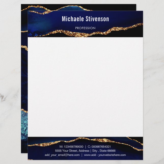 Navy Blue Gold Glitter Marble Framed Letterhead (Front/Back)