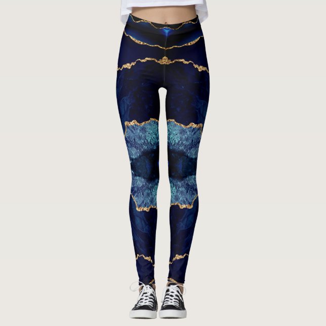Navy Blue Gold Glitter Marble Gemstone Leggings (Front)