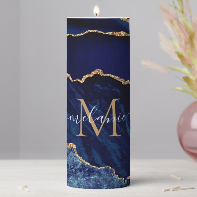 Navy Blue Gold Glitter Marble Monogram Name Candle (In Situ)