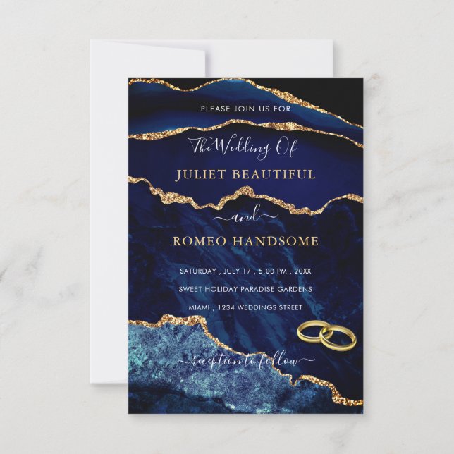 Navy Blue Gold Glitter Marble Wedding Invitation (Front)