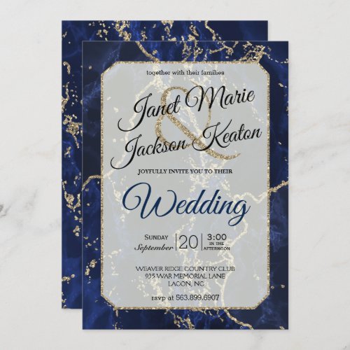 Navy Blue Gold Glitter Marble Wedding Invitation