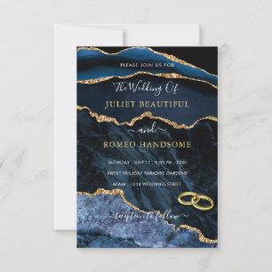 Navy Blue Gold Glitter Marble Wedding Invitation