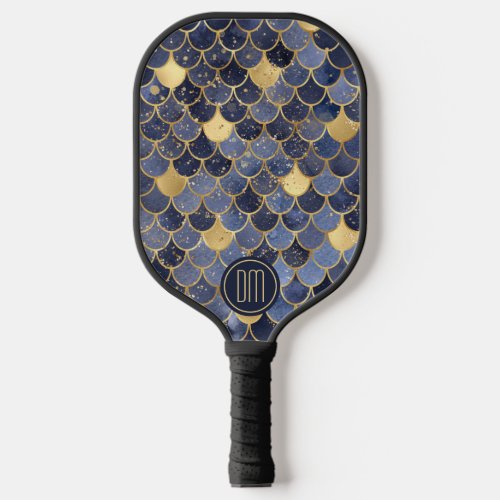 Navy Blue Gold Glitter Mermaid Scales Monogram  Pickleball Paddle