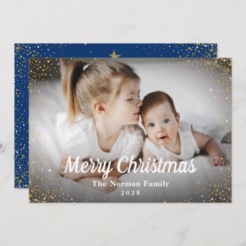 Navy Blue Gold Glitter Merry Christmas Photo Holiday Card