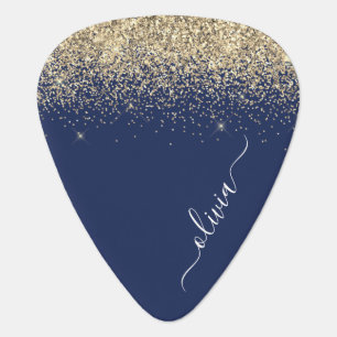 Navy Blue Gold Glitter Metal Monogram Name Guitar Pick