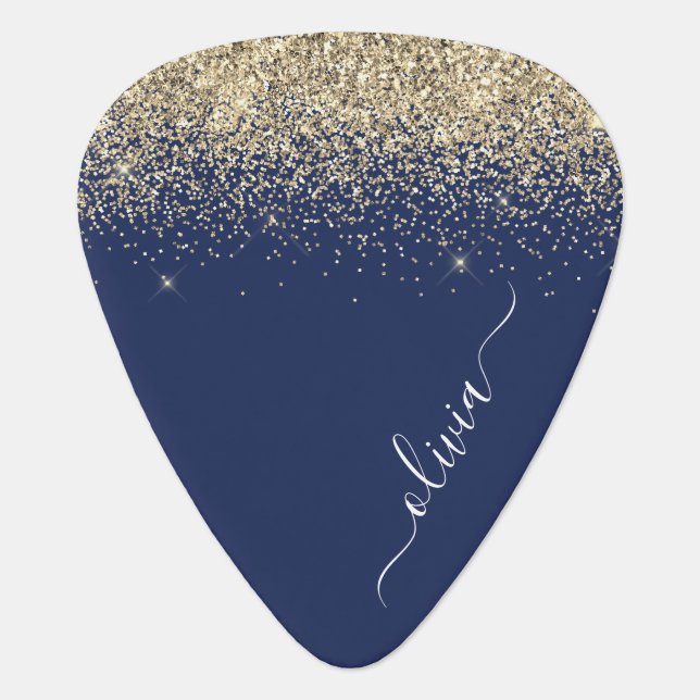 Navy Blue Gold Glitter Metal Monogram Name Guitar Pick (Front)