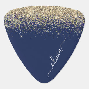 Navy Blue Gold Glitter Metal Monogram Name Guitar Pick