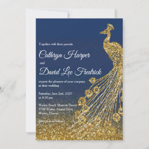 Navy Blue & Gold Glitter Peacock Wedding Invite