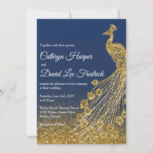 Navy Blue  Gold Glitter Peacock Wedding Invite