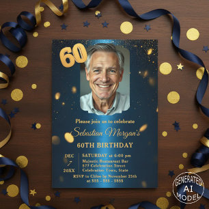 Navy Blue Gold Glitter Photo 60th Birthday Party Invitation