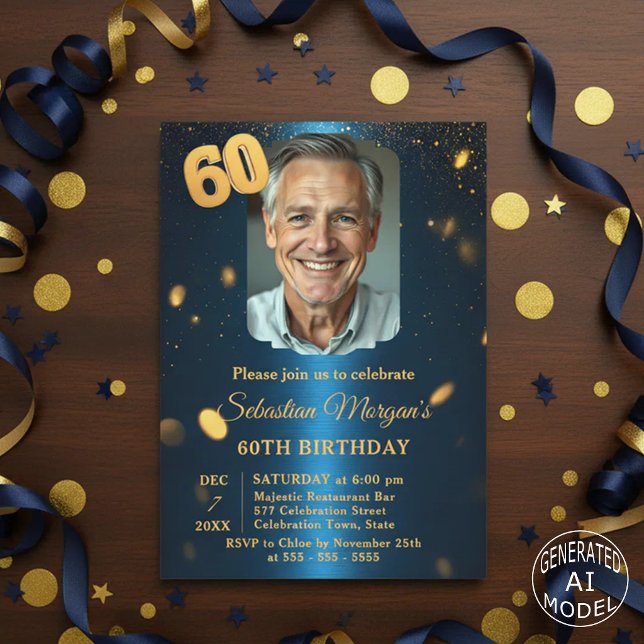 Navy Blue Gold Glitter Photo 60th Birthday Party Invitation (Creator Uploaded)