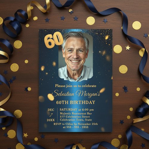 Navy Blue Gold Glitter Photo 60th Birthday Party