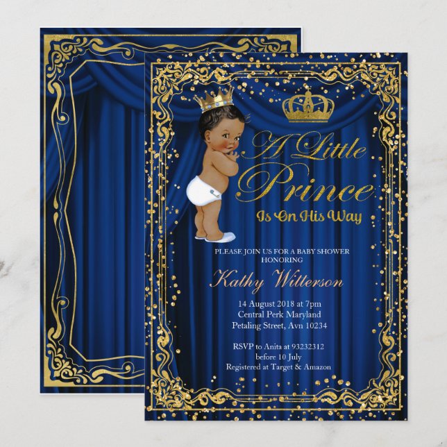 Navy Blue Gold Glitter Prince Baby Shower invite (Front/Back)